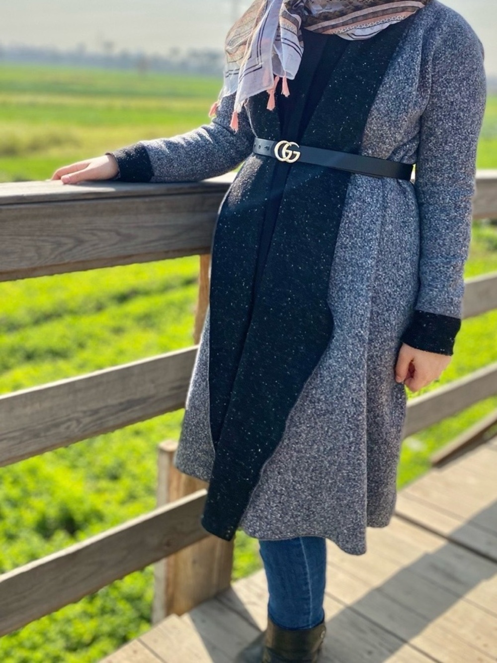 Handmade Reversible Wool Coat Black Gray Belted Cardigan – Size M